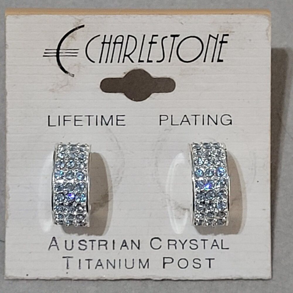 Vintage Charlestone Silver Tone Blue Austrian Crystal Titanium Post Earrings New